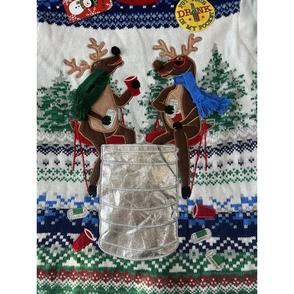 NEW Blizzard Reindeer Beer Drink Holder Holiday Ugly Christmas party Sweater Med
